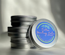 Load image into Gallery viewer, four round metal tins of tattoo healing salve which contain artemisia tridentata big sagebrush a known plant with antiseptic and antimicrobial properties